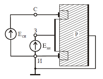 Включение источников напряжения в транзистор с индуцированным каналом n-типа