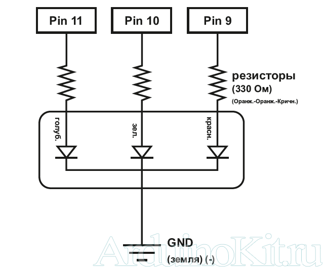Принципиальная схема к уроку №3. Arduino и Управление трехцветным светодиодом