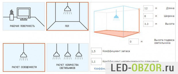 Пример бесплатного сервиса по расчету светодиодного осещения