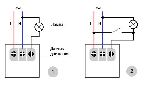 Схема подключения светильника с детектором движения: 1-управление только датчиком, 2-управление датчиком и выключателем.