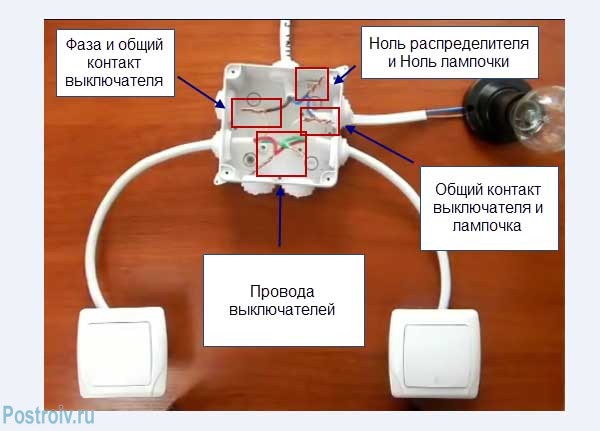 Распределительная коробка проходного выключателя, скрутка проводов - Фото