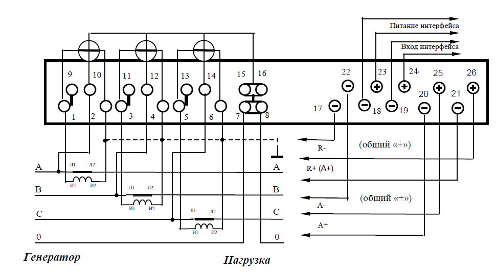 Схема подключения счётчика Меркурий с помощью трёх трансформаторов тока