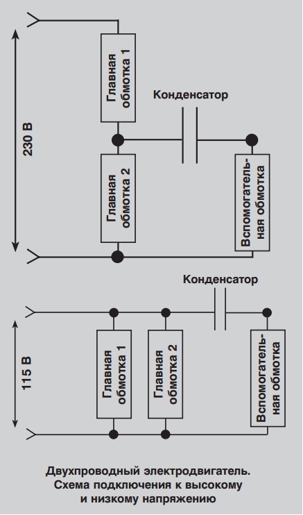 Двухпроводный электродвигатель. Схема подключения к высокому и низкому напряжению