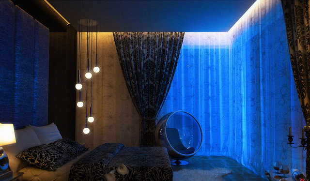 LED одсветка штор в спальне