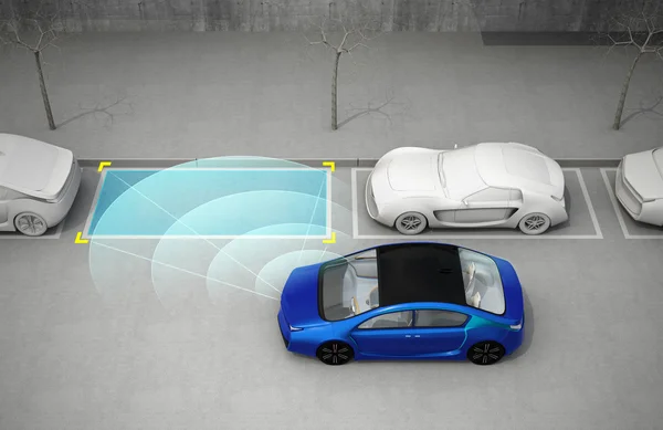 Синий электрические автомобилем на стоянку с помощь система парковки — стоковое фото